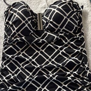 La Blanca Black and White Strapless Swimdress with Geometric Accent
